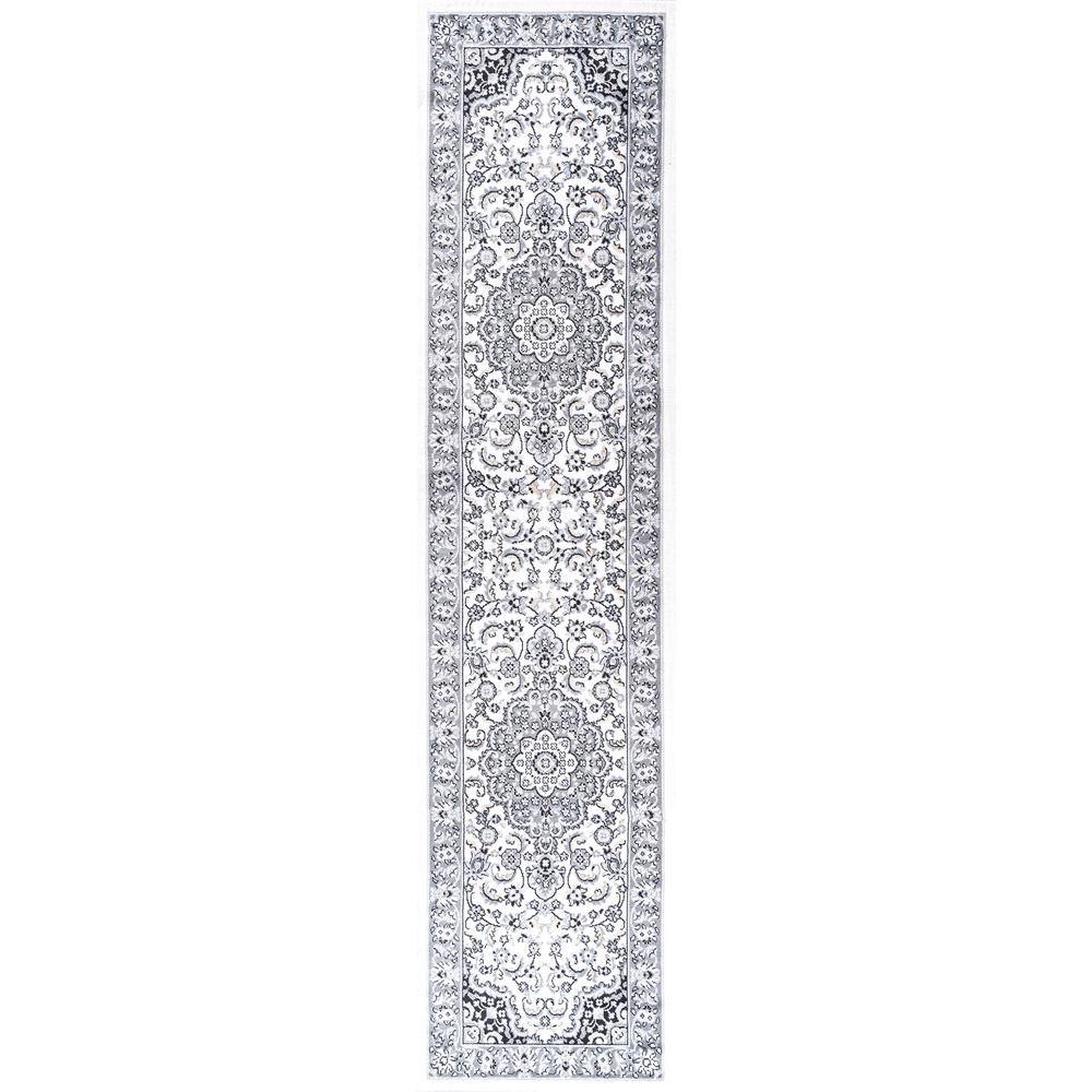 Modern Persian-Style Medallion 2'x10' Area Rug in Gray and Cream