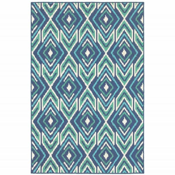 Blue, Ivory 2 ft. x 3 ft. Loomed Geometric Polypropylene Rectangle Indoor/Outdoor Area Rug