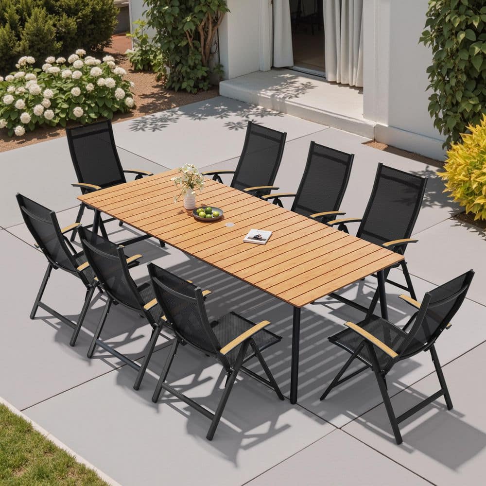 9pcs Powder Coated Aluminum Outdoor Patio Dining Set Textilene Fabric Chair with Teak Armrest in Brown For Porch price history on PriceWatchPro