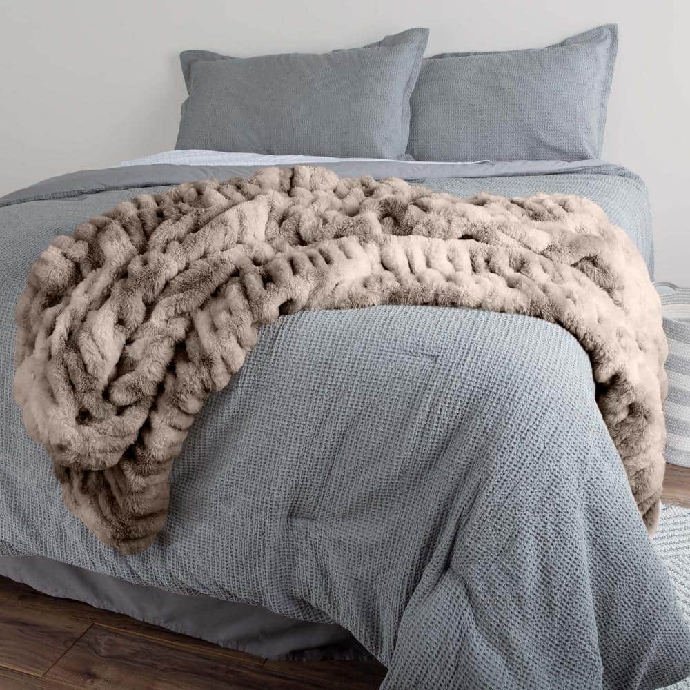 Taupe 60x80-Inch Ruched Faux Fur Queen Blanket
