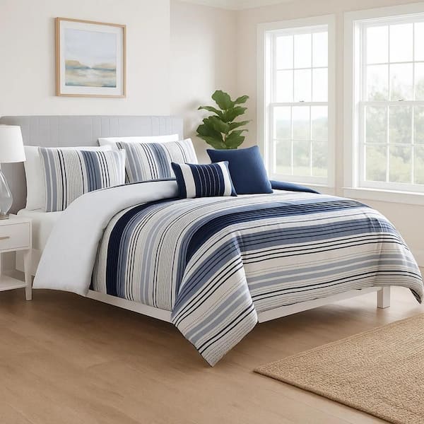 Alfa 5- Piece White and Blue Striped Polyester King Comforter Set