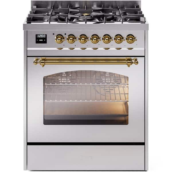 Nostalgie II 30 in. 5 Burner Freestanding Dual Fuel Range in Stainless Steel with Brass Trim