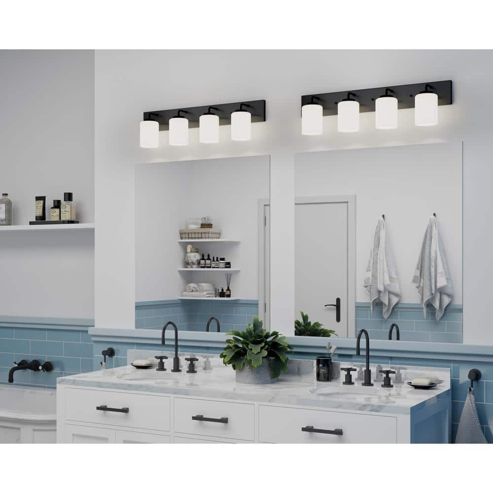 Elegant Matte Black 4-Light Vanity with Etched Glass Shades