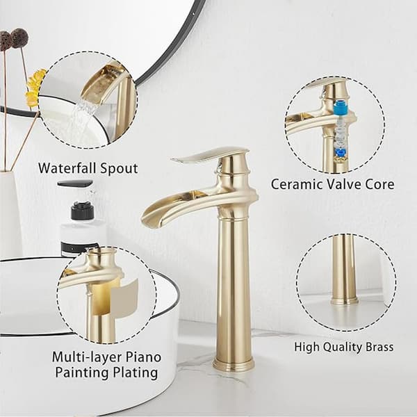 Waterfall Single Handle Single Hole Tall Spout Bathroom Vessel Sink Faucet With Pop-up Drain Assembly in Brushed Gold