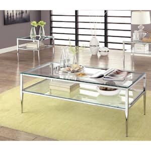 Harlyenne 2-Piece 48 in. Clear and Silver Rectangle Glass Coffee Table Set with Shelf