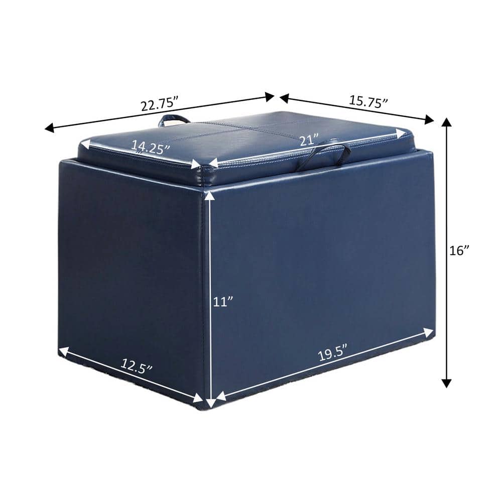 Blue Tufted Faux Leather Storage Ottoman with Tray