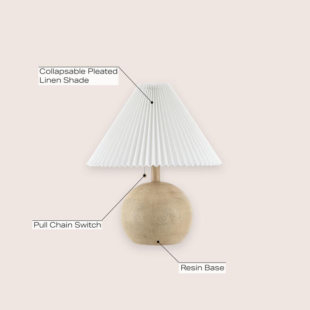 Beige Wood Finish Round Resin Bedside Table Lamp with Linen Shade
