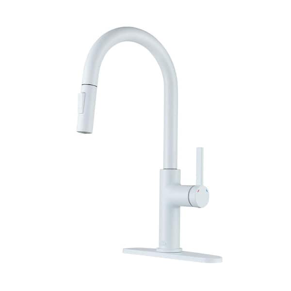 Boyel Living 2-Spray Patterns Single Handle Pull Down Sprayer Kitchen Faucet with Deck Plate and Water Supply Hoses in Matte White