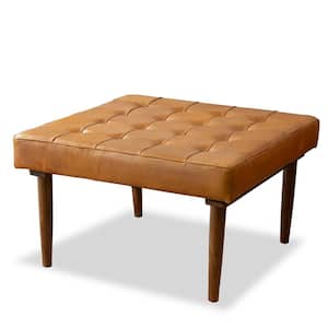 Alvar Mid-Century Tufted Square Genuine Leather Upholstered Ottoman in Tan