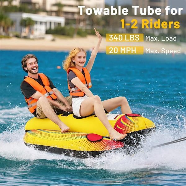 2 Person Inflatable Banana Boat with Boating & Water Sports 2 EVA-padded Seats