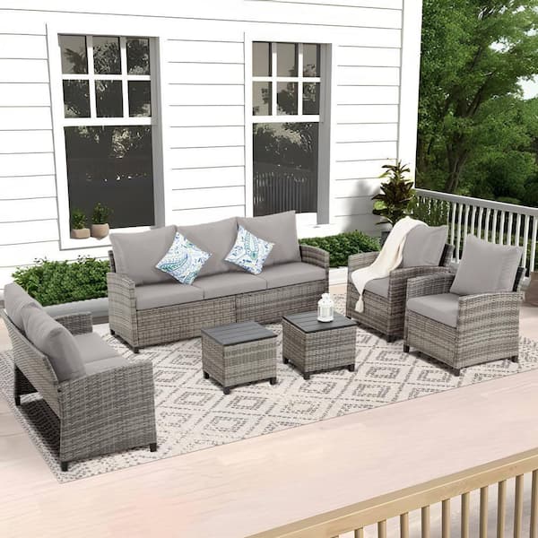 Zeus & Ruta Gray 6-Piece Wicker Outdoor Patio Conversation Set with Gray Cushions and Ottomans Ottomans for Outside, Backyard