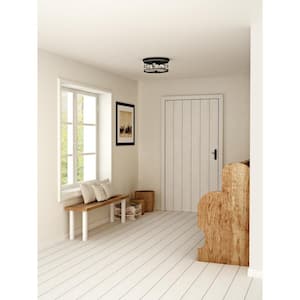 Fairforest Collection 15.75 in. 3-Light Matte Black Farmhouse Flush Mount with Aged Oak Accents