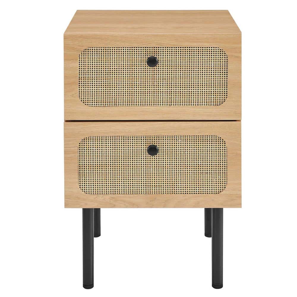 Oak and Rattan 2-Drawer Nightstand with Black Legs