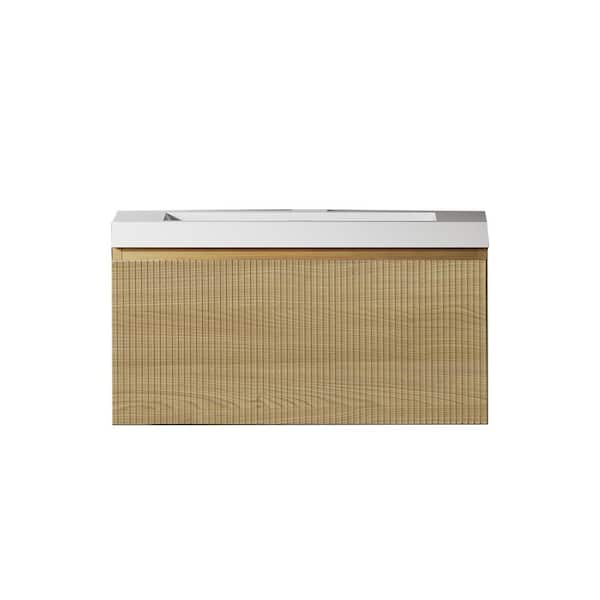 30 in. Wall-Mounted Oak Natural Bath Vanity with Glossy White Solid Surface Top Assembled