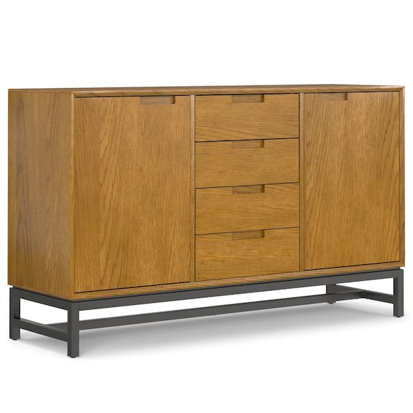 Simpli Home Banting and Metal 60 in. x 18 in. Rectangle Industrial Sideboard with Centre Drawers in Oak Veneer
