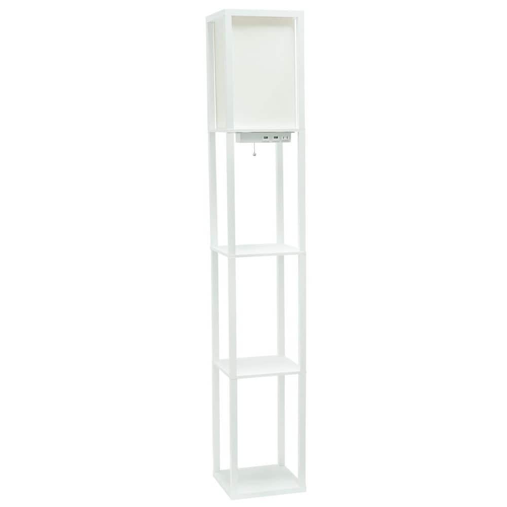 White Wood Floor Lamp with Shelves and Linen Shade