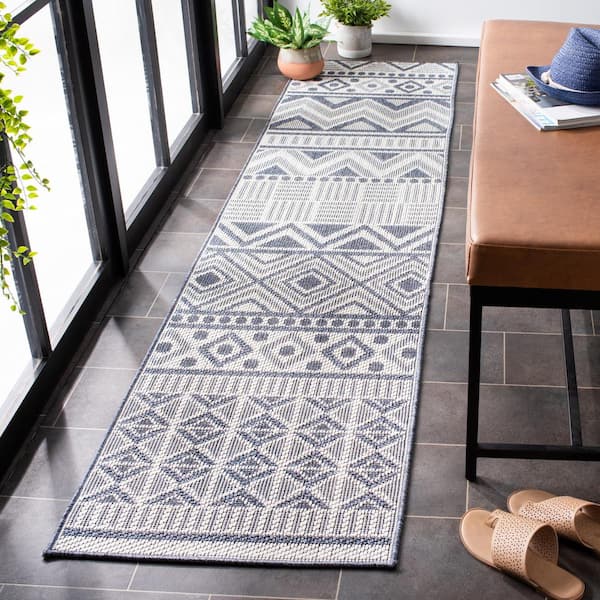 Bermuda Cream/Navy 2 ft. x 10 ft. Machine Washable Runner Geometric Striped Indoor/Outdoor Area Rug