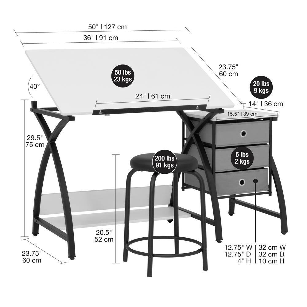 40'' Black & White Adjustable Craft Table with Storage & Padded Stool