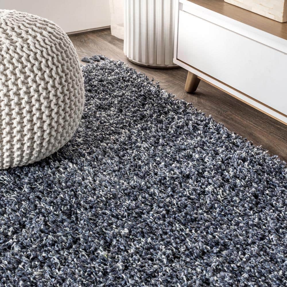 Denim Blue Rectangular Shag Area Rug with Tassels