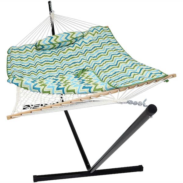 Sunnydaze 12 ft. Rope Hammock Bed Combo with Stand, Pad and Pillow in Blue and Green Chevron