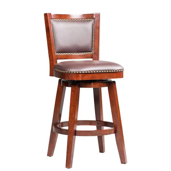 Benjara 35 in. Brown Low Back Wooden Frame Counter Stool with Leather Seat