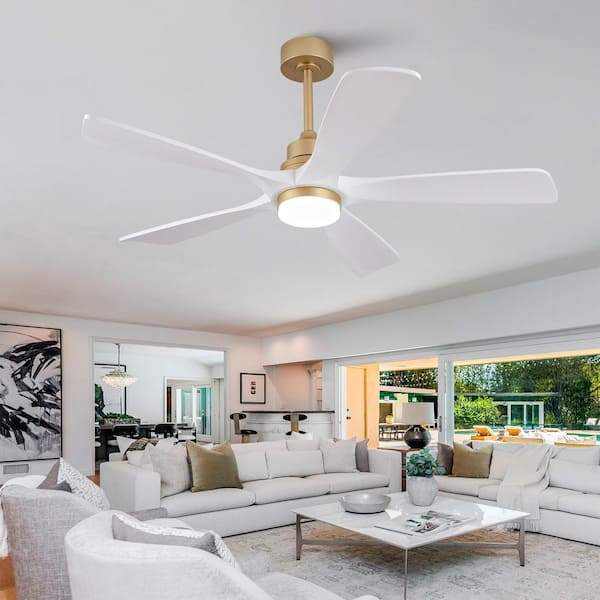 52 in. Smart Gold Solid Wood White Blades 2-Size Downrod Mount Standard Ceiling Fan with 3-Color Dimmable LED Light