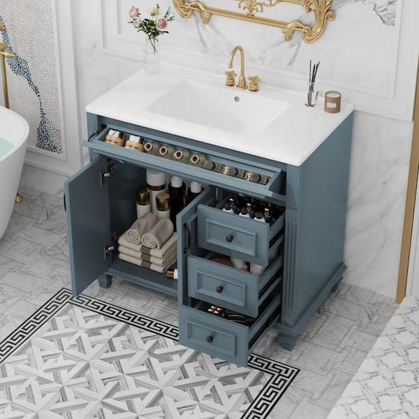 36 in. Single Sink Freestanding Blue Gray Bath Vanity with White Ceramic Top and 4 Drawers Storage Cabinet Unassembled