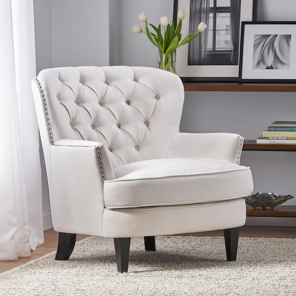 Noble House Tafton Ivory Fabric Club Chair with Tufted Cushions (Set of 1)