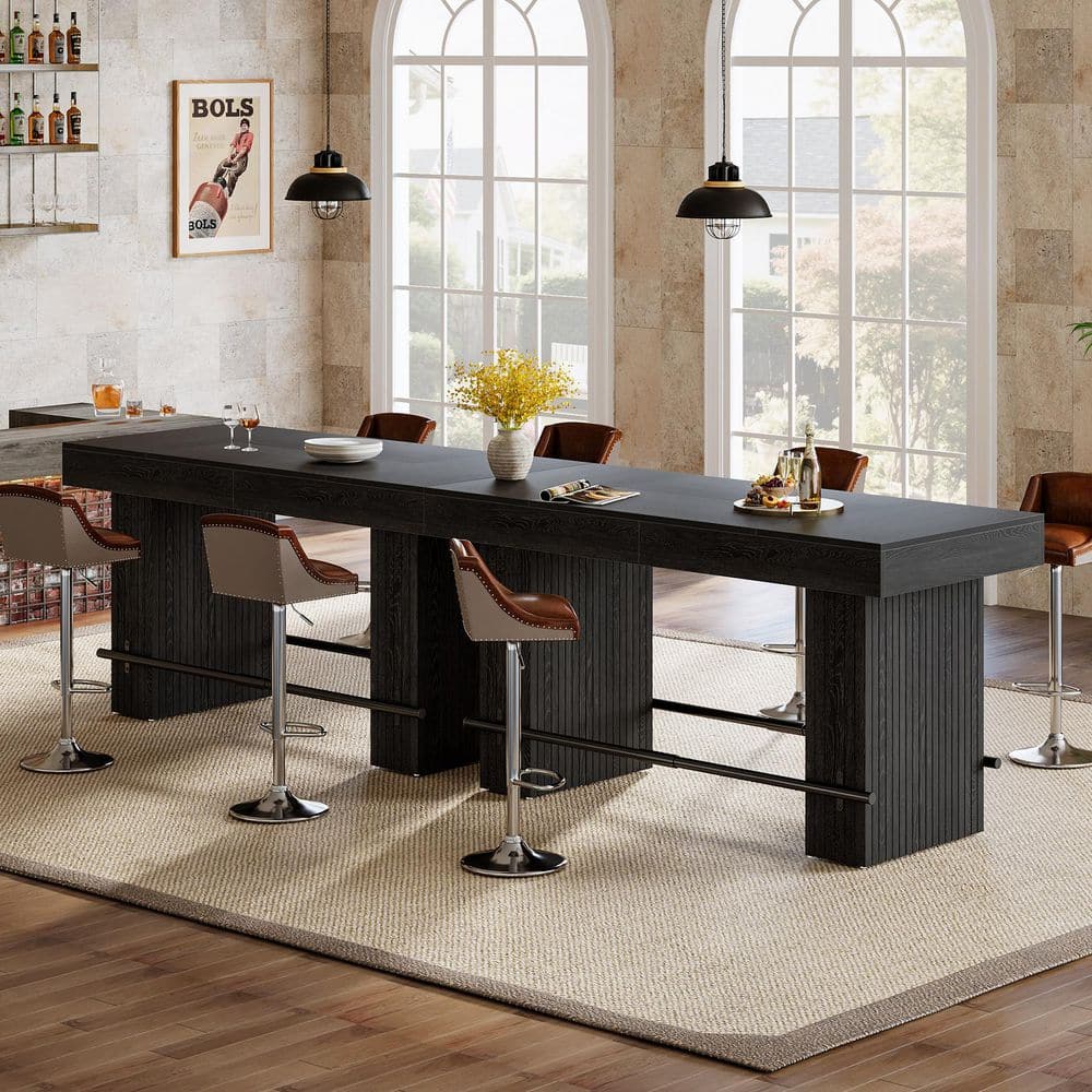 BYBLIGHT 35.43 in. Tall Black Wood Rectangle Bar Table with Metal