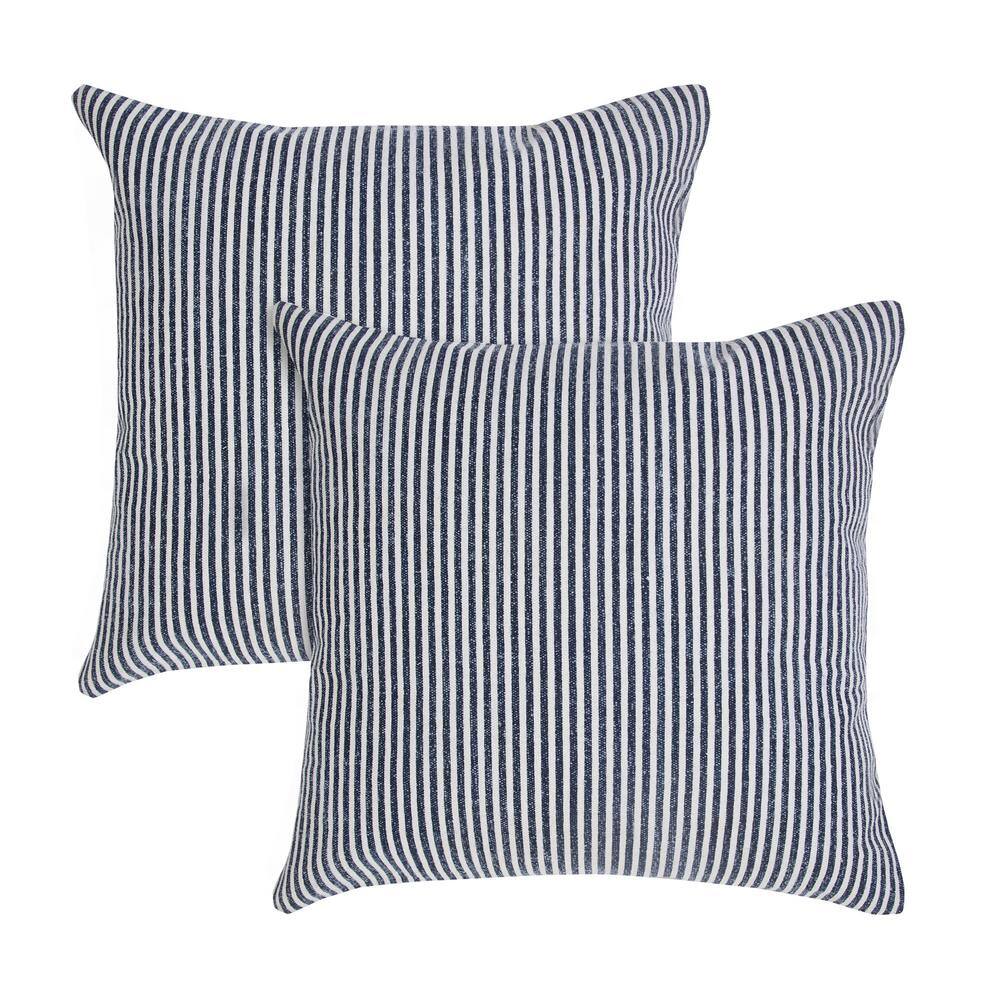 Blue and White Striped Cotton Square Throw Pillow