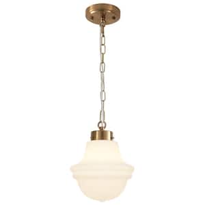 Myrtis 8.26 in. 1-Light Antique Brass Schoolhouse Metal Pendant Light with Frosted Opal Glass Shade Adjustable Pendant