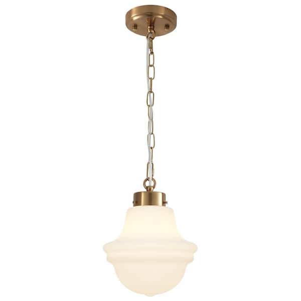 LWYTJO Myrtis 8.26 in. 1-Light Antique Brass Schoolhouse Metal Pendant Light with Frosted Opal Glass Shade Adjustable Pendant