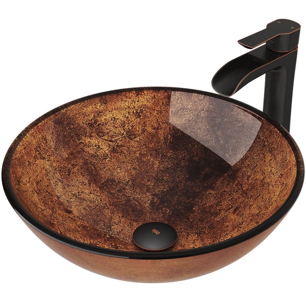 VIGO Glass Round Vessel Bathroom Sink in Russet Brown with Niko Faucet and PopUp Drain in