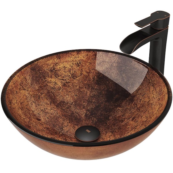 VIGO Glass Round Vessel Bathroom Sink in Russet Brown with Niko Faucet and Pop-Up Drain in Antique Rubbed Bronze