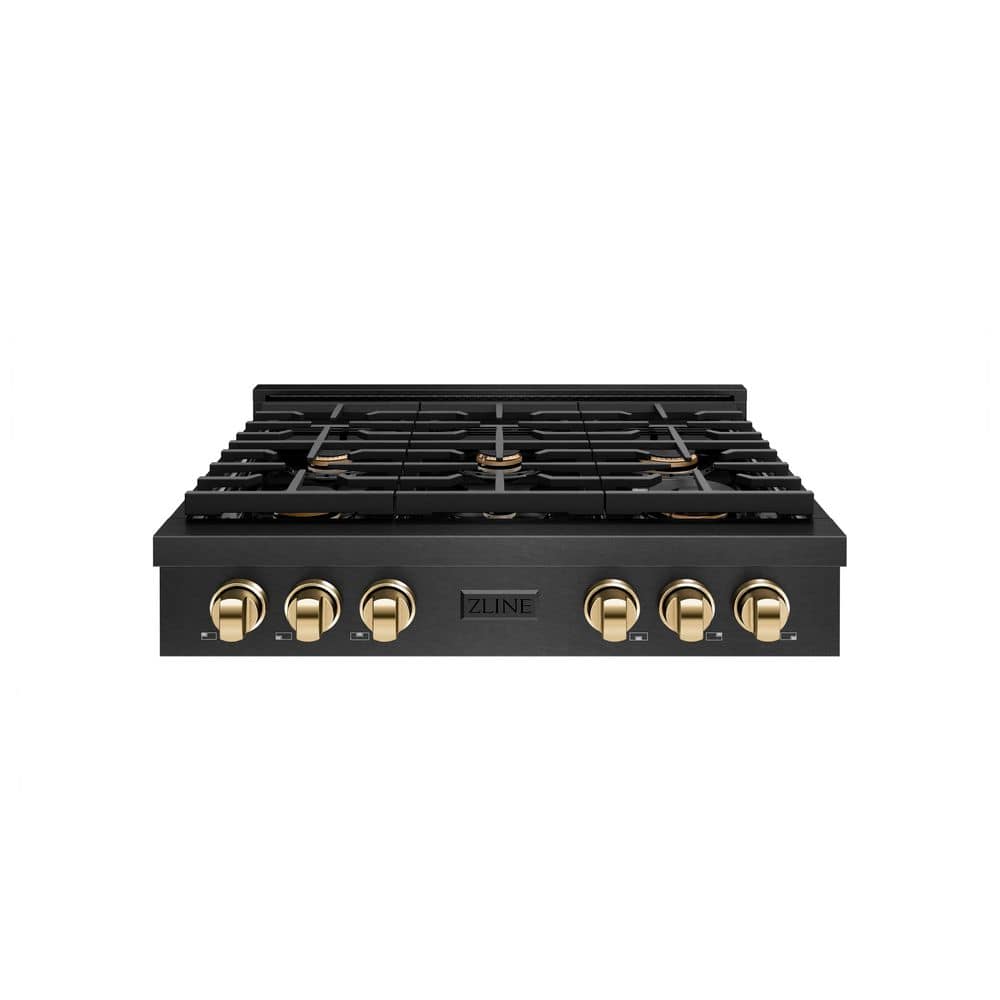 Autograph 36 in. Paramount Gas Rangetop with 6 Burners and Porcelain Cooktop in Black Satin with Polished Gold Accents