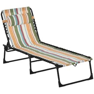 Black Metal Rainbow Striped Fabric Outdoor Folding Chaise Lounge with 4-Level Reclining Back, Pillow for Beach, Patio