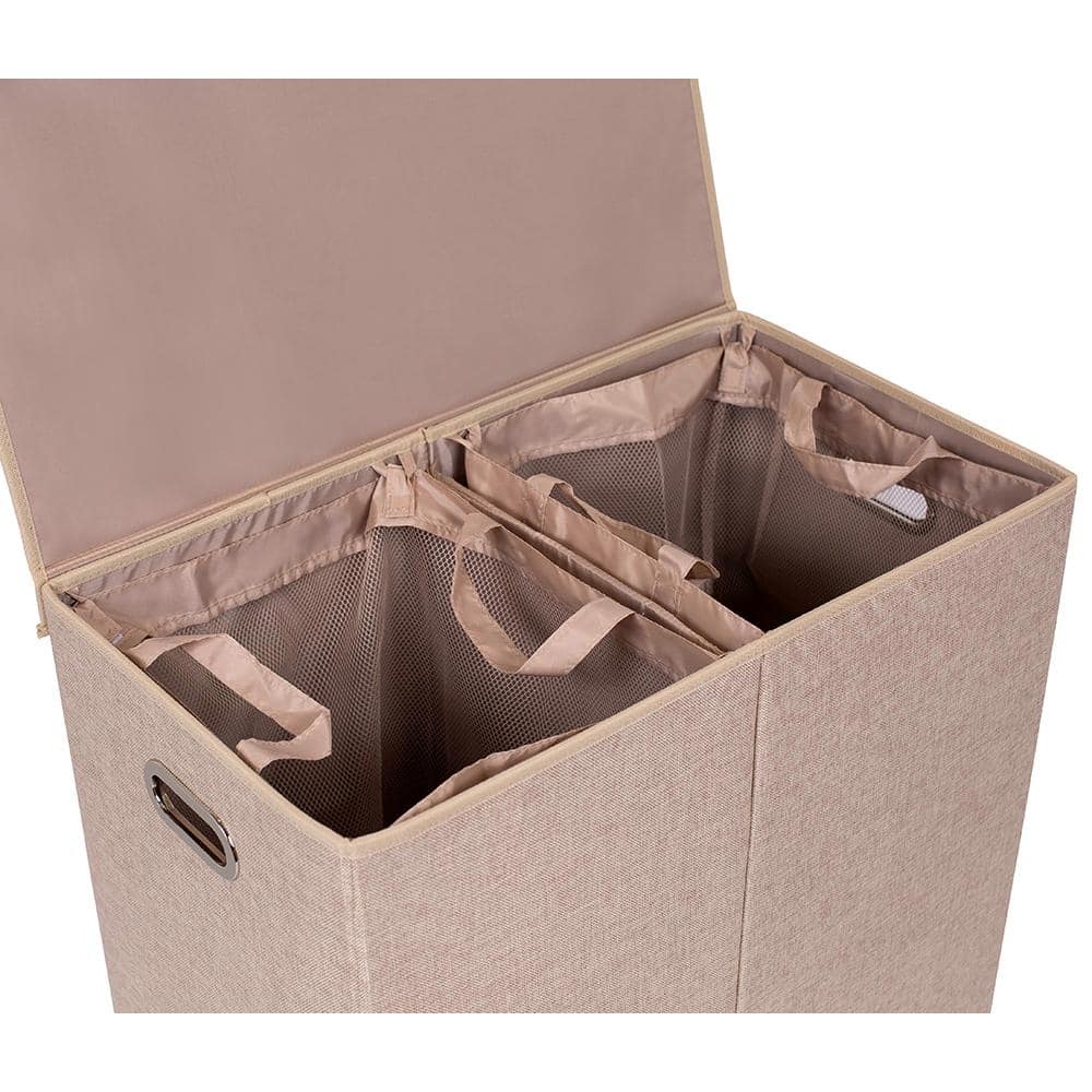 Cream Polyester Linen Double Laundry Hamper with Lid