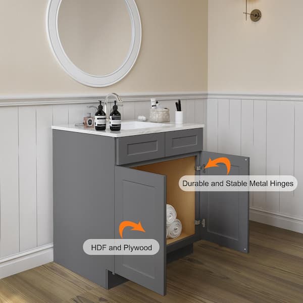 HOMEIBRO Newport Sink Base Grey 2 False Drawers - Shaker Style Stock Sink Base 2-Door 30 in. W x 24 in. D x 34.5 in. H