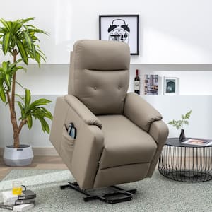 Olive Gray Faux Leather Power Lift Recliner with Side Pocket, Adjustable Massage and Heating Function