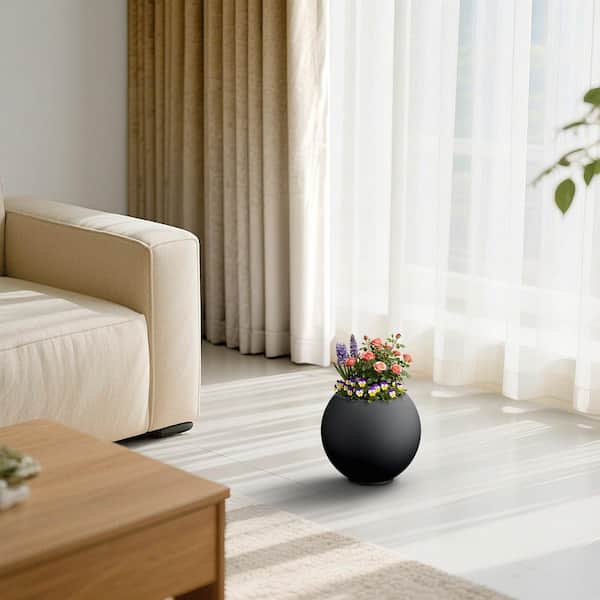 11in. Medium Concrete Round Planter Pot with Enhanced Interior with drainage holes Indoor Outdoor Pot, Matte Black