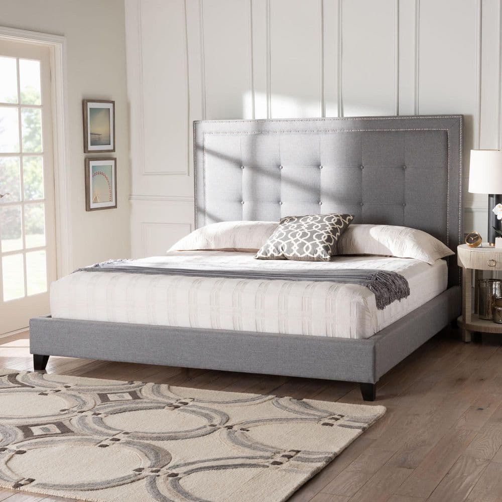 Elegant Gray Linen King Platform Bed with Tufted Headboard and Nailhead Trim