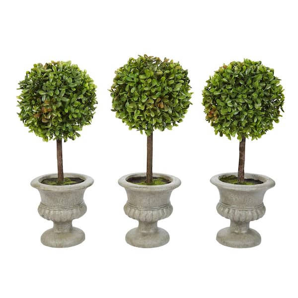 Pure Garden 12.5 in. Artificial Faux Boxwood Topiary Arrangement with Decorative Urn (Set of 3)
