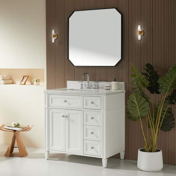 36 in. Solid Wood Single Sink White Bath Vanity with White Carrara Marble Top, Soft Closing, 2-Doors,4-Drawers,Assembled