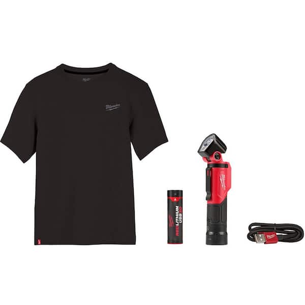 Milwaukee 500 Lumens LED Pivoting REDLITHIUM USB Flashlight and Men's 2XL Black Cotton/Polyester Short-Sleeve Shirt (2-Pack)