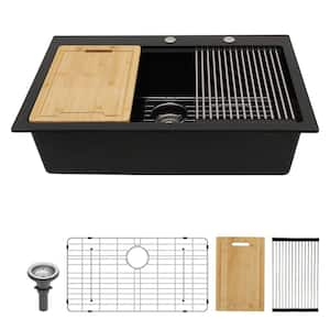 33.00 in. Drop-In Single Bowl Black Quartz Kitchen Sink with Bottom Grid, Strainers Assembly, Drying Rack, Cutting Board