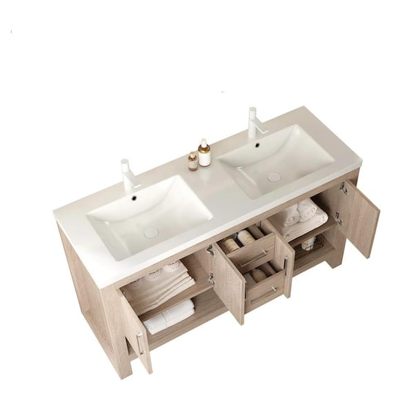 60 in. Double Sink Freestanding Plywood White Bath Vanity with White Acrylic Top (Assembled), Open Shelf