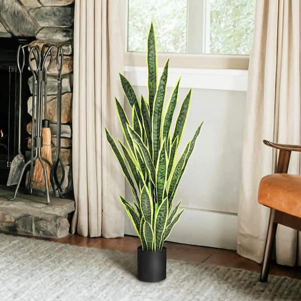 LIVING LUXURY 4 ft. Green Yellow Artificial Sansevieria Snake Plant in  Black Pot 60634-GR-YL