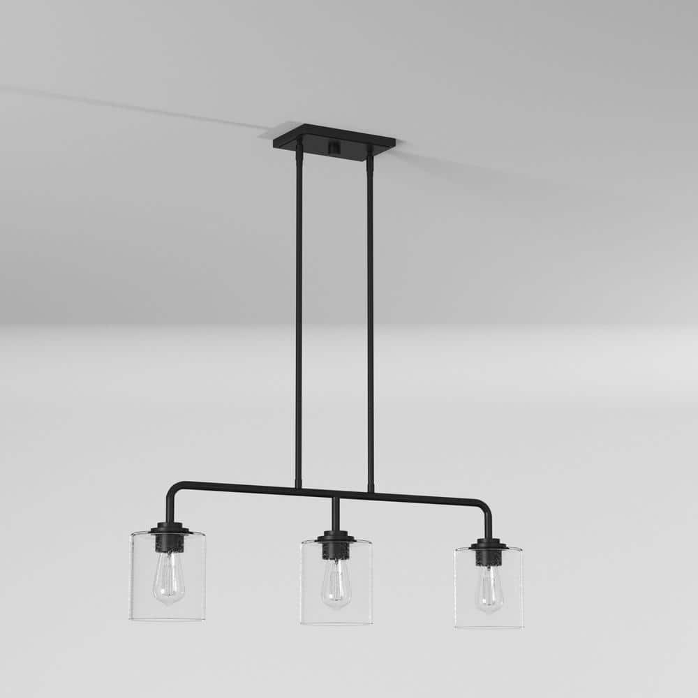Logan Matte Black 3-Light Island Pendant with Clear Seedy Glass