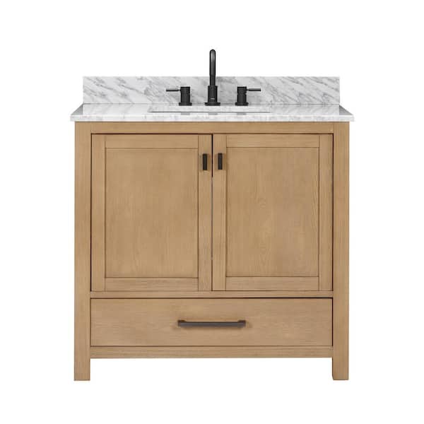 Modero 37 in. Single Sink Brushed Oak Bath Vanity with Carrara White Marble Top