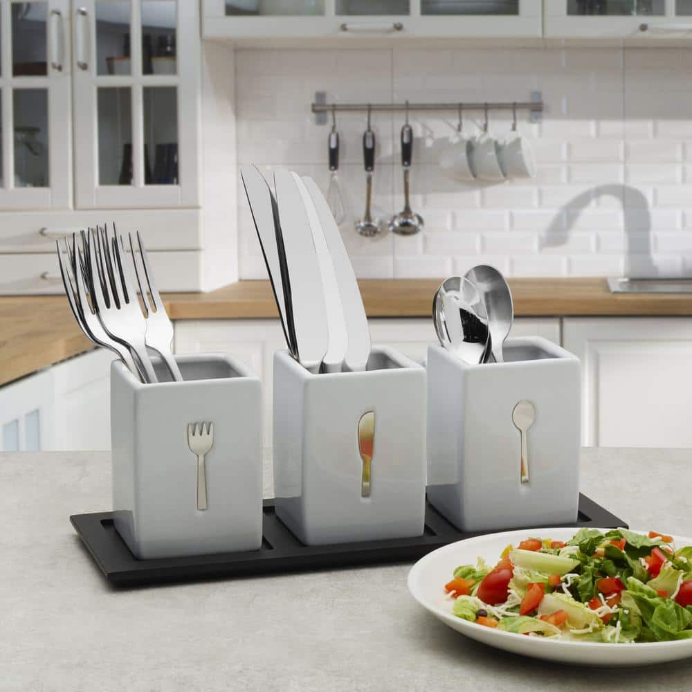 White Ceramic Flatware Caddy Set with Black Wood Tray
